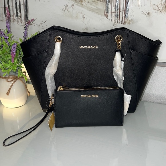 NWT Michael Kors JET SET TRAVEL Chain Tote & JS Lg Wrsltlt Wallet Set & Dust Bag - Picture 5 of 12